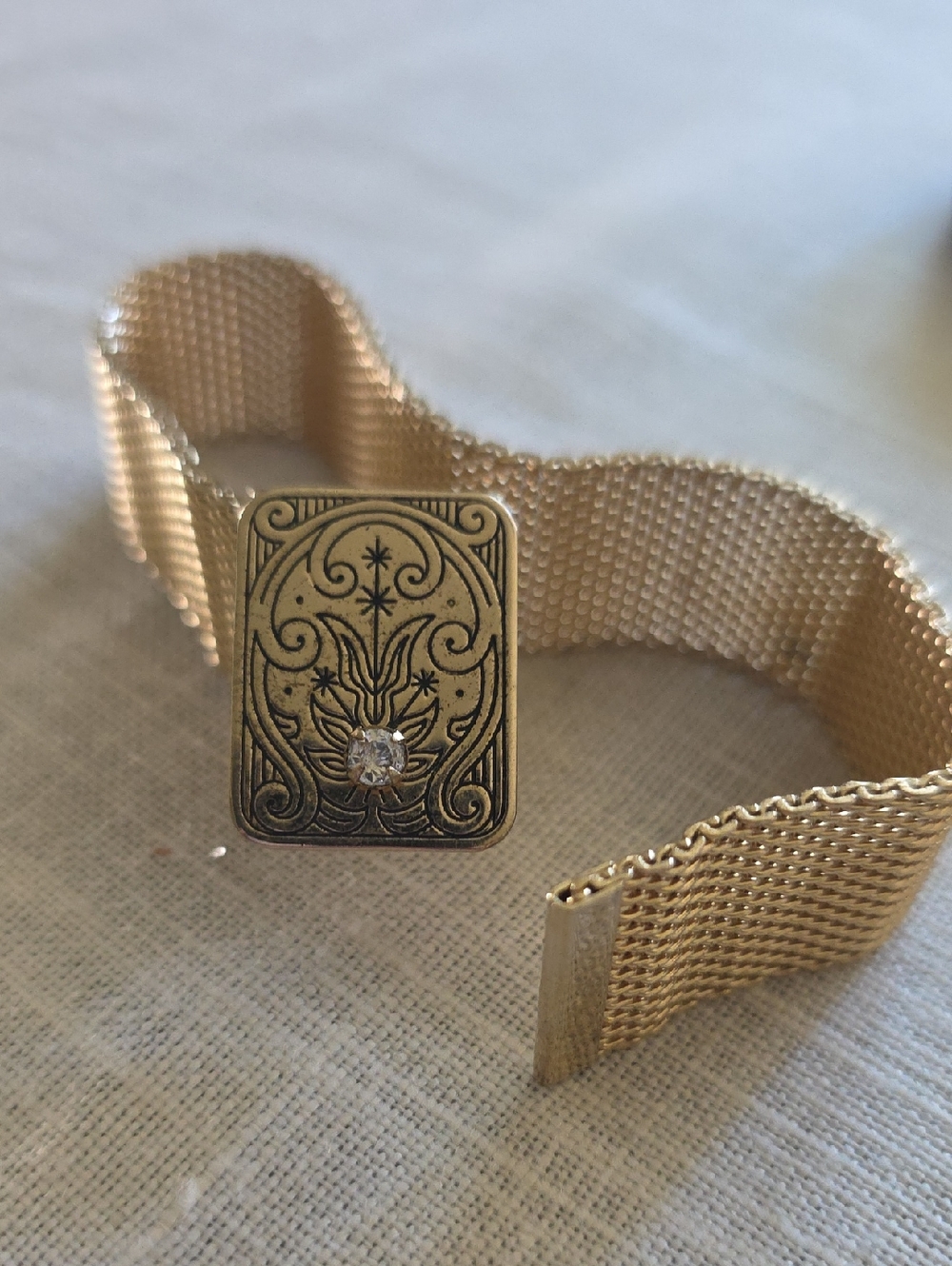 Antique-Style Rectangular Gold Tone Bracelet with Crystal Accent